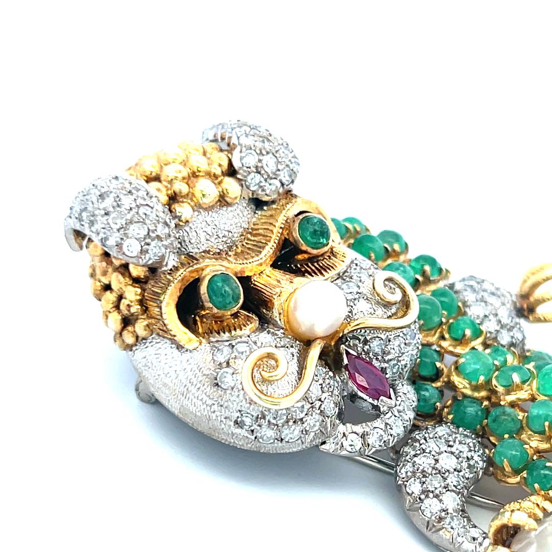 12.00 Carat Emerald 8.00 Carat Round Diamond 5.2MM Pearl 14K Gold Pin Brooch
