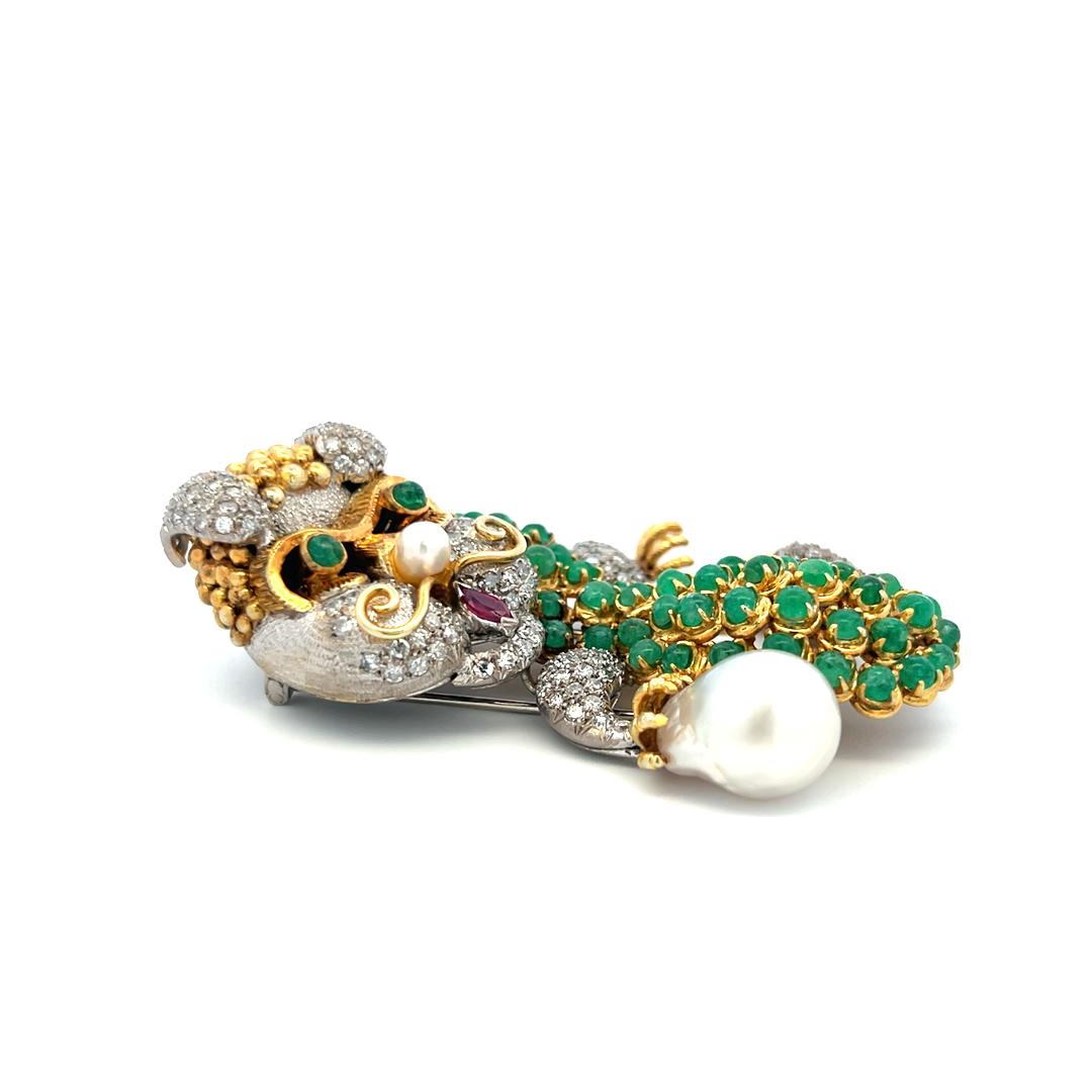 12.00 Carat Emerald 8.00 Carat Round Diamond 5.2MM Pearl 14K Gold Pin Brooch