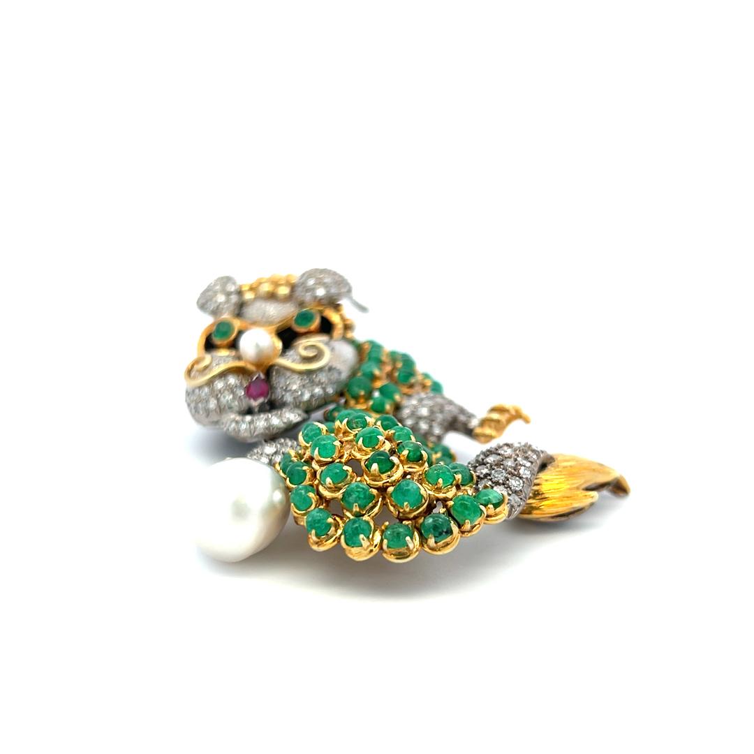 12.00 Carat Emerald 8.00 Carat Round Diamond 5.2MM Pearl 14K Gold Pin Brooch