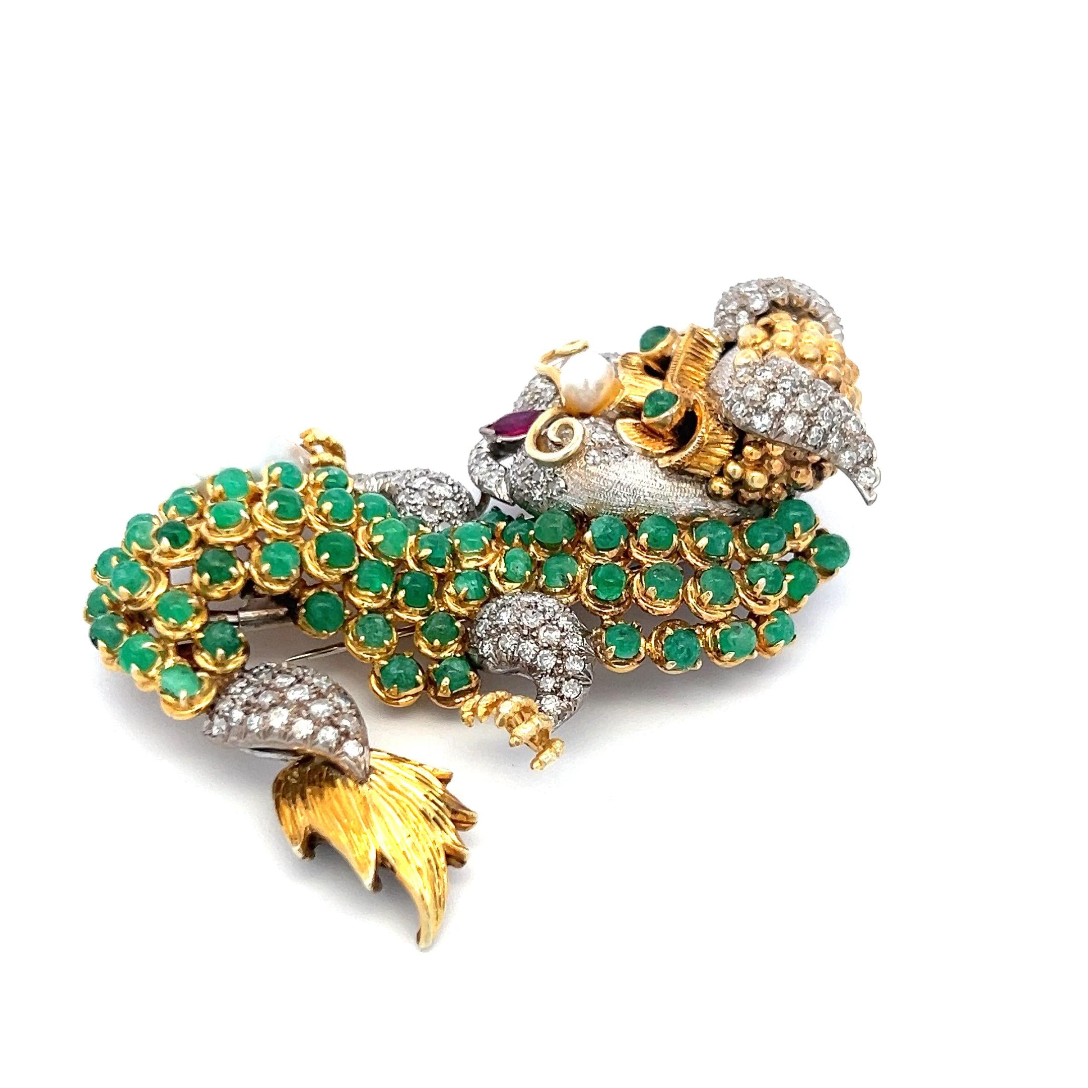 12.00 Carat Emerald 8.00 Carat Round Diamond 5.2MM Pearl 14K Gold Pin Brooch
