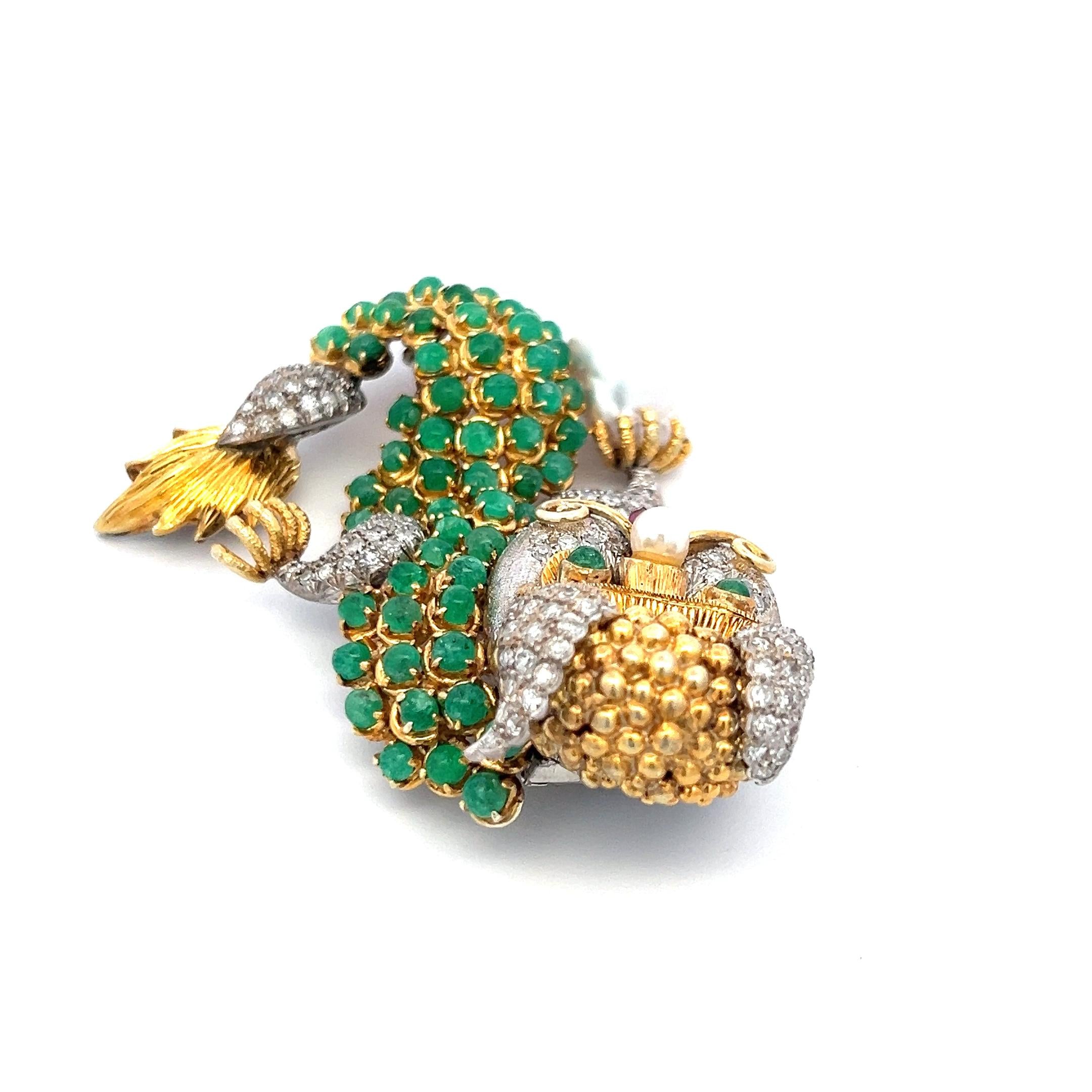 12.00 Carat Emerald 8.00 Carat Round Diamond 5.2MM Pearl 14K Gold Pin Brooch