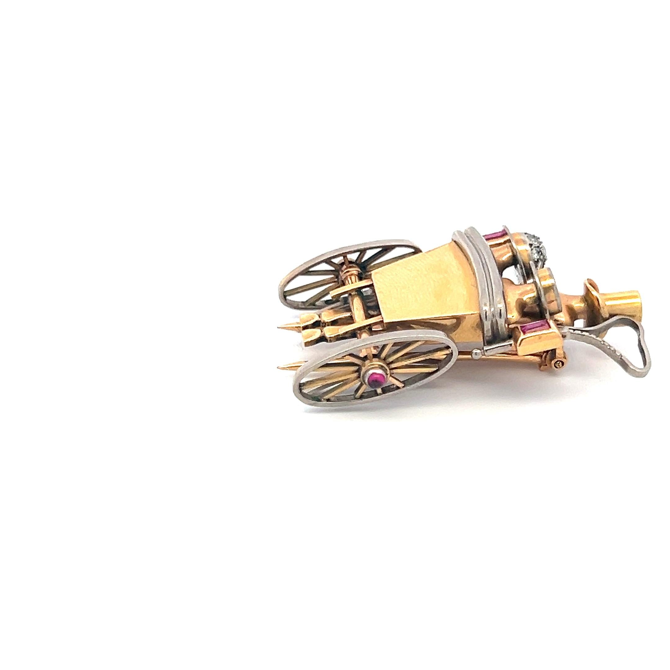 0.15 Carat Round Brilliant Diamond 0.15 Carat Ruby 18K Two Tone Gold Pin Brooch