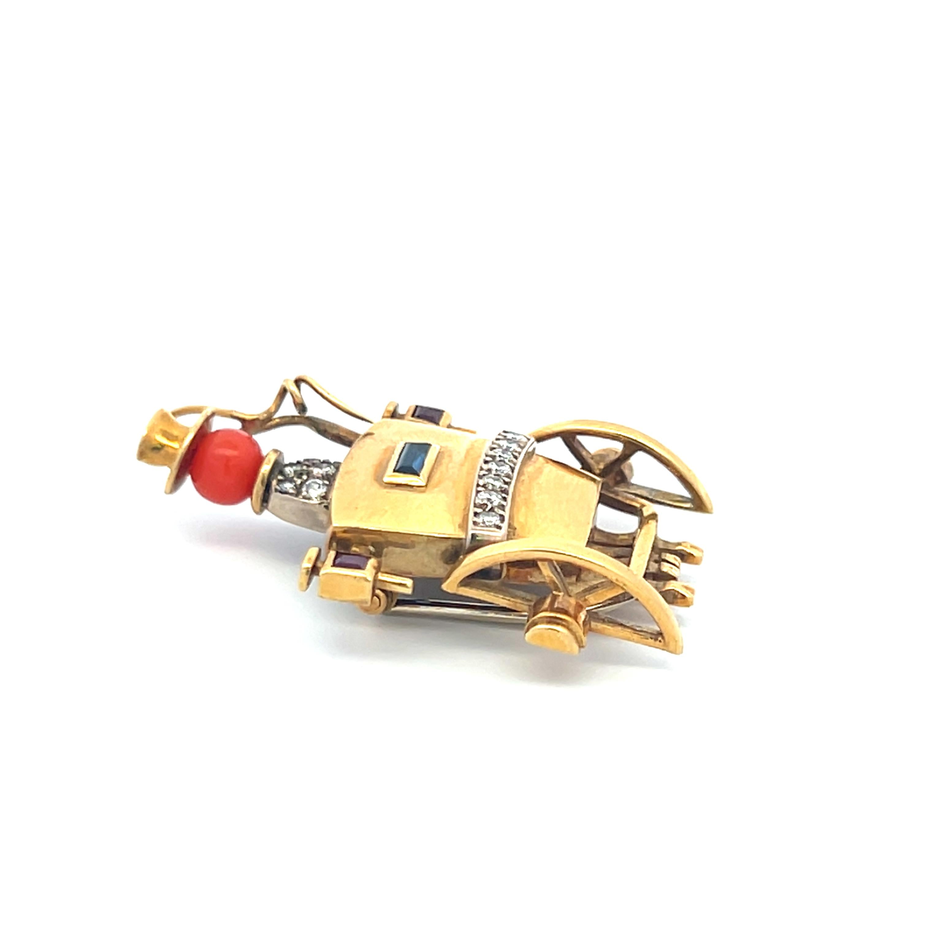 18K YG Pin Brooch with 0.35ct Round Diamonds 0.15ct Sapphire & Multi Gemstones