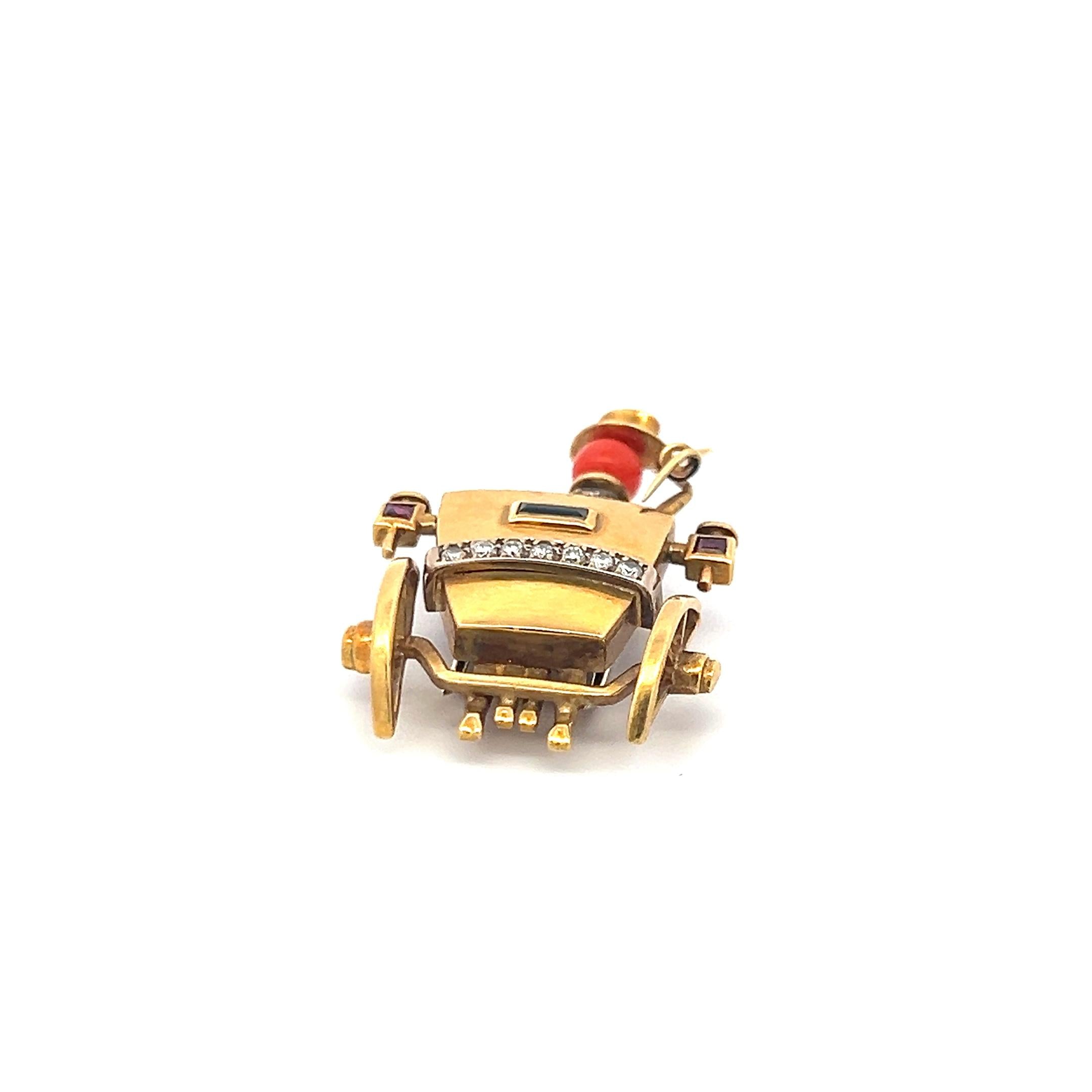 18K YG Pin Brooch with 0.35ct Round Diamonds 0.15ct Sapphire & Multi Gemstones