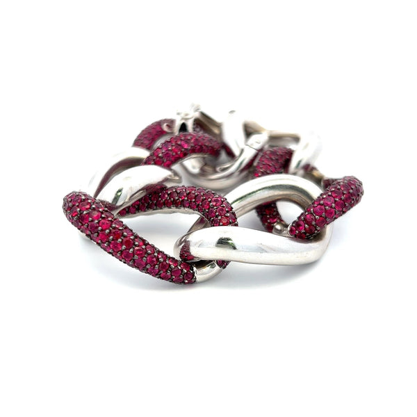 11.00 Carat Round Ruby 18 Karat White Gold Link Bracelet