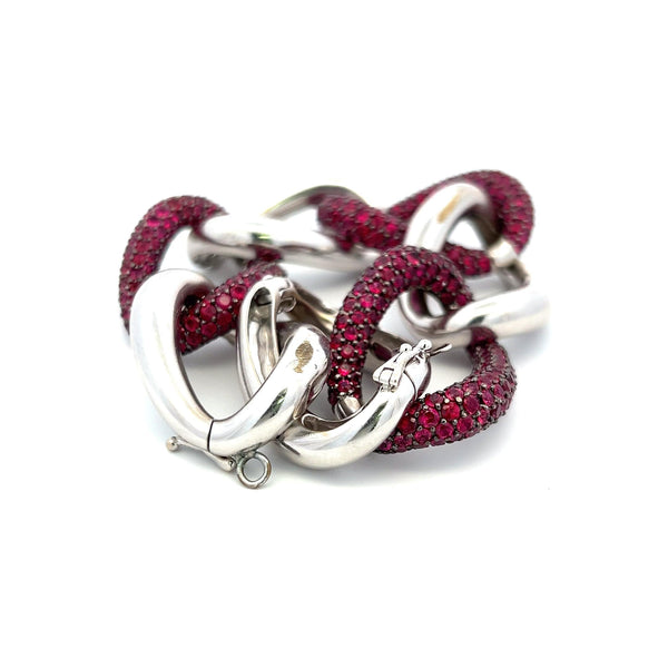 11.00 Carat Round Ruby 18 Karat White Gold Link Bracelet
