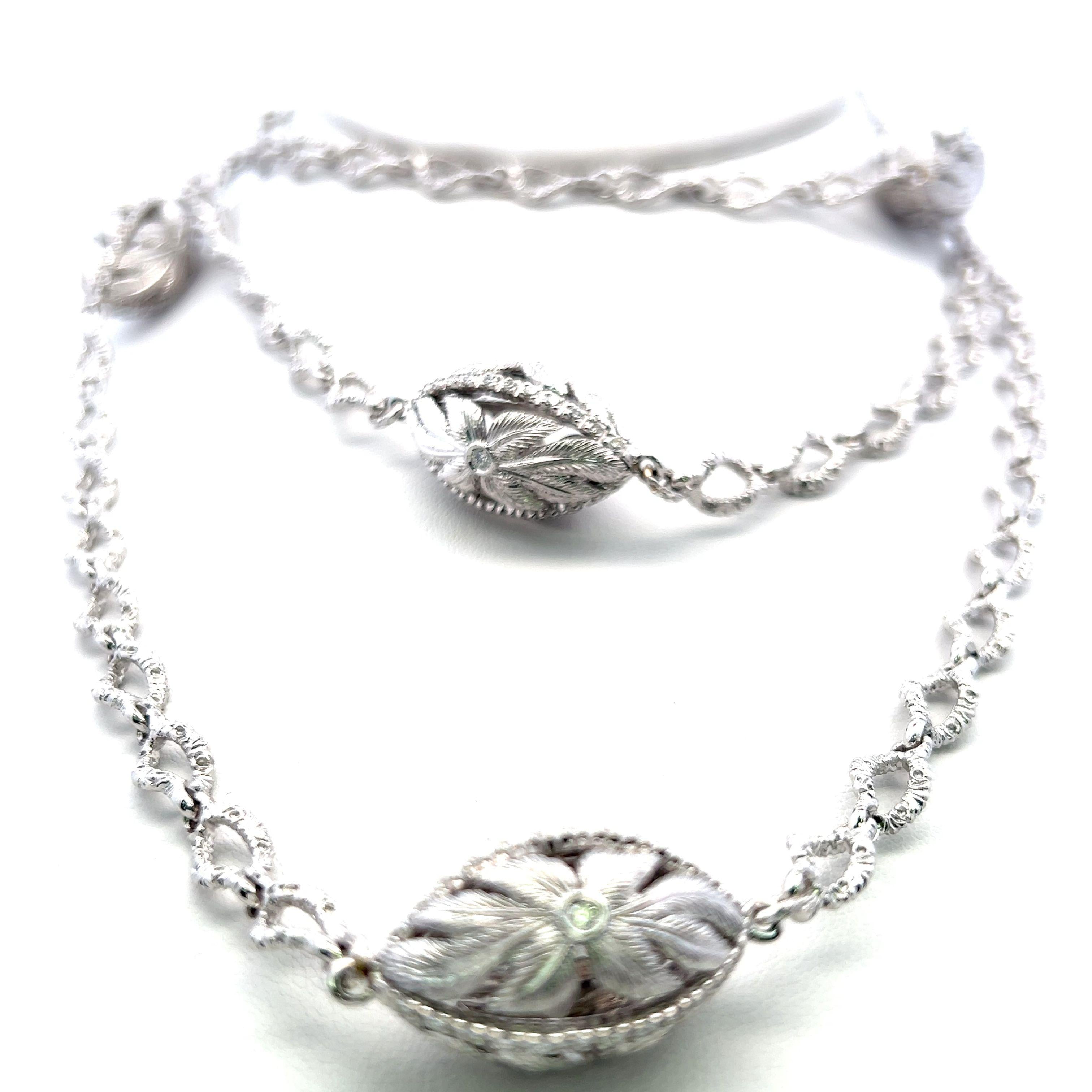 4.00ct H-VS1 Diamond 18K White Gold Vintage Textured Leaf Motif Link Necklace