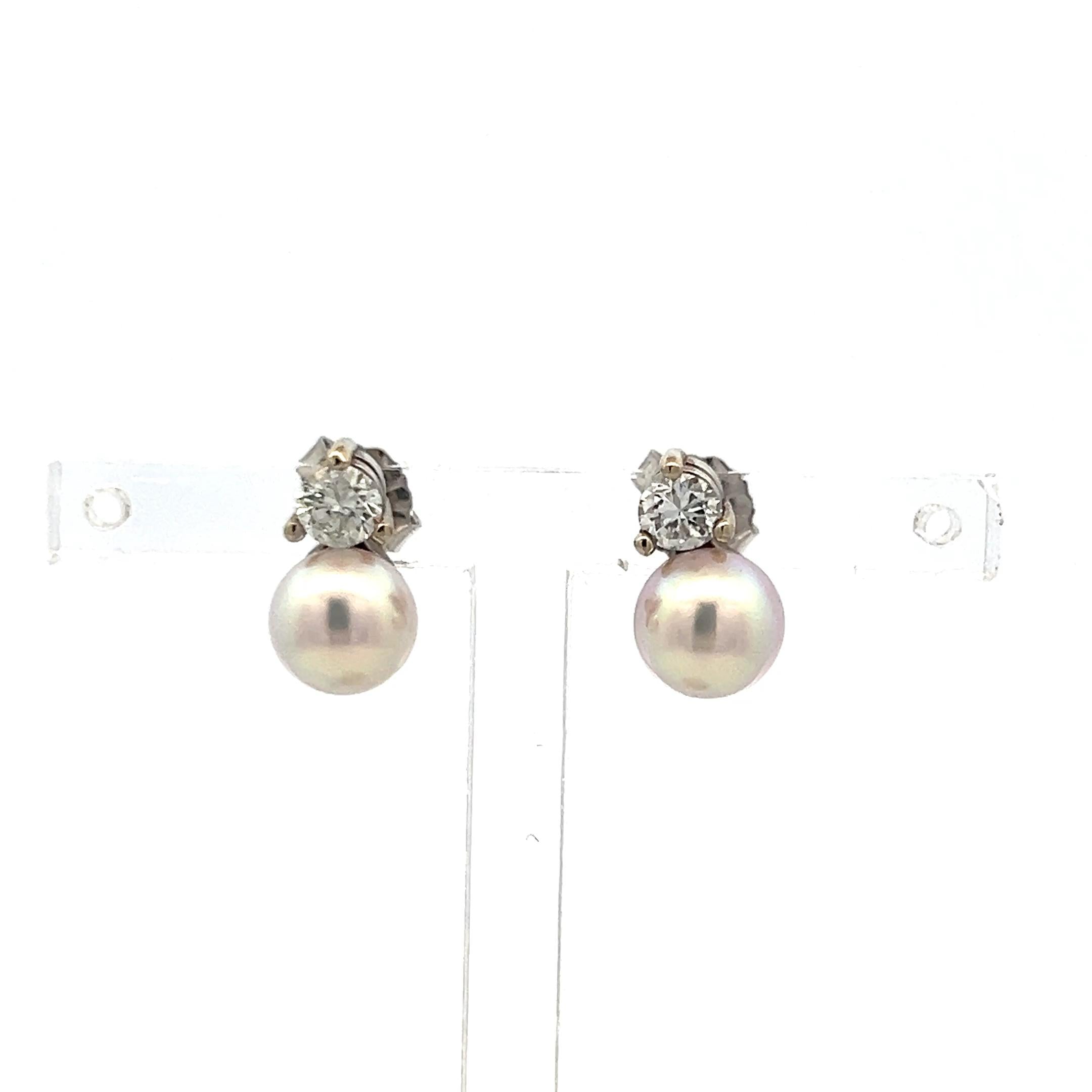 7MM Pearl 0.50 Carat Round Brilliant Diamond 14 Karat White Gold Stud Earrings