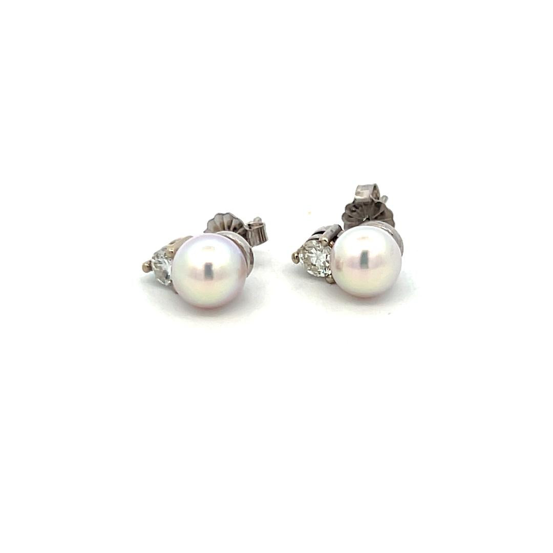 7MM Pearl 0.50 Carat Round Brilliant Diamond 14 Karat White Gold Stud Earrings