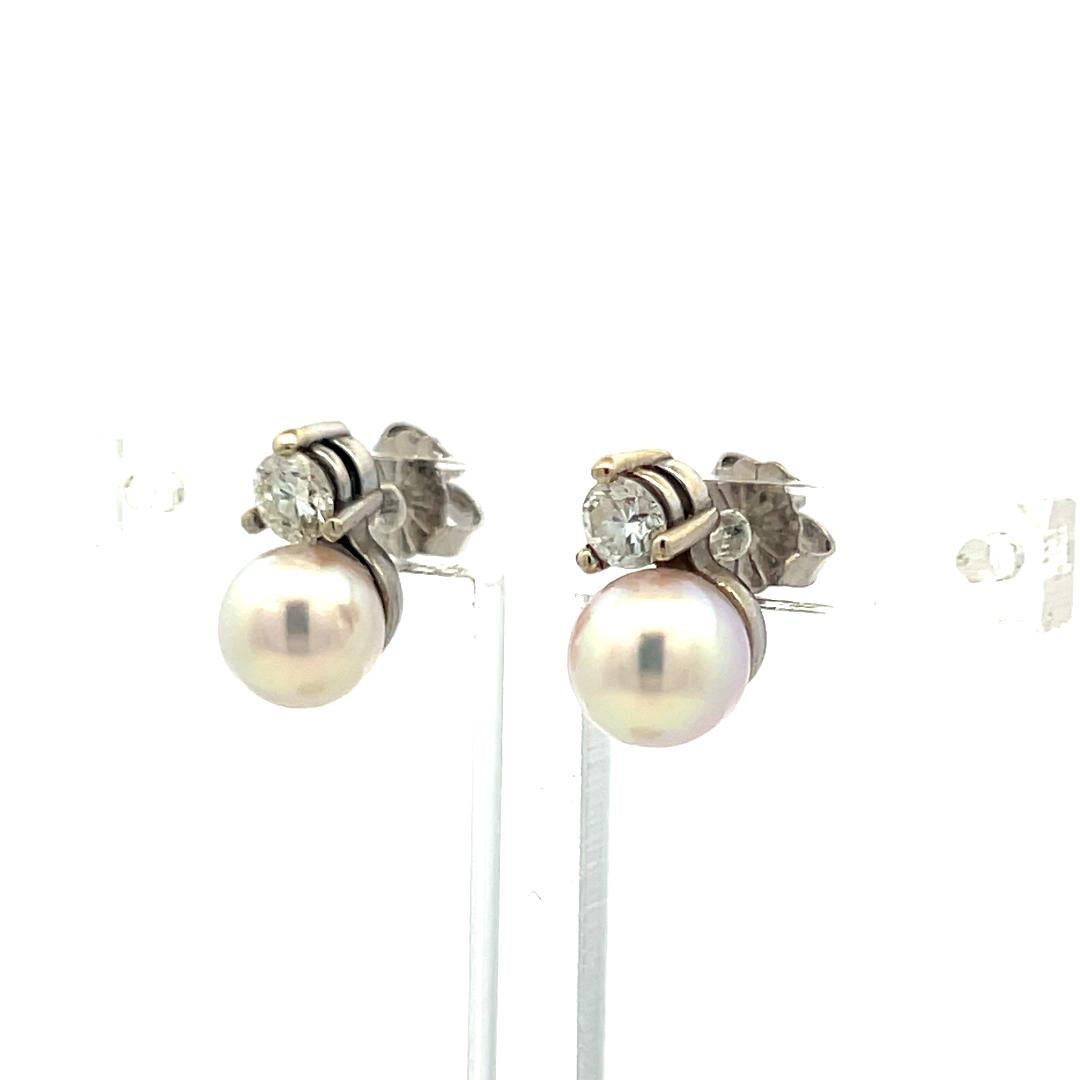 7MM Pearl 0.50 Carat Round Brilliant Diamond 14 Karat White Gold Stud Earrings