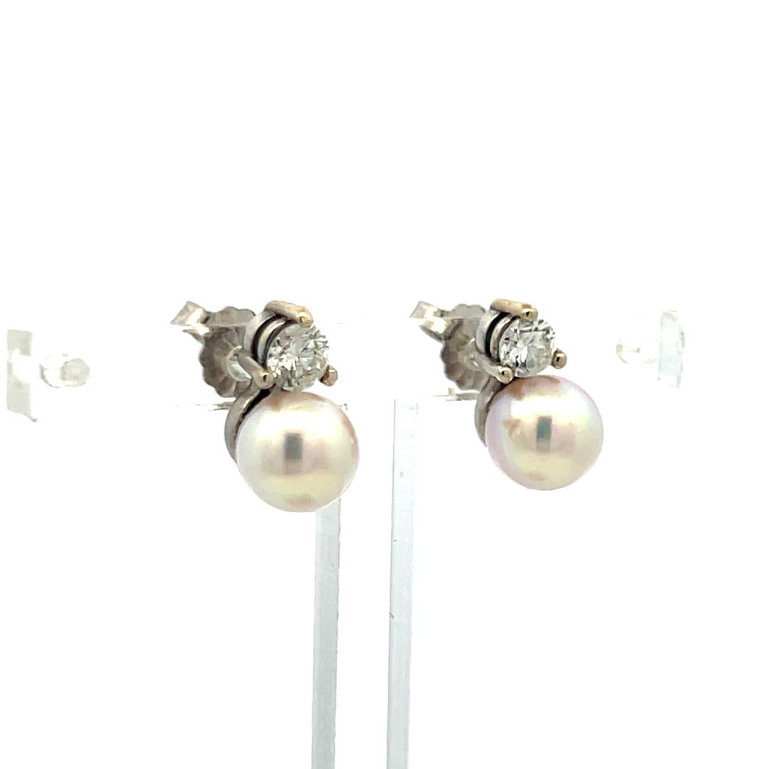 7MM Pearl 0.50 Carat Round Brilliant Diamond 14 Karat White Gold Stud Earrings