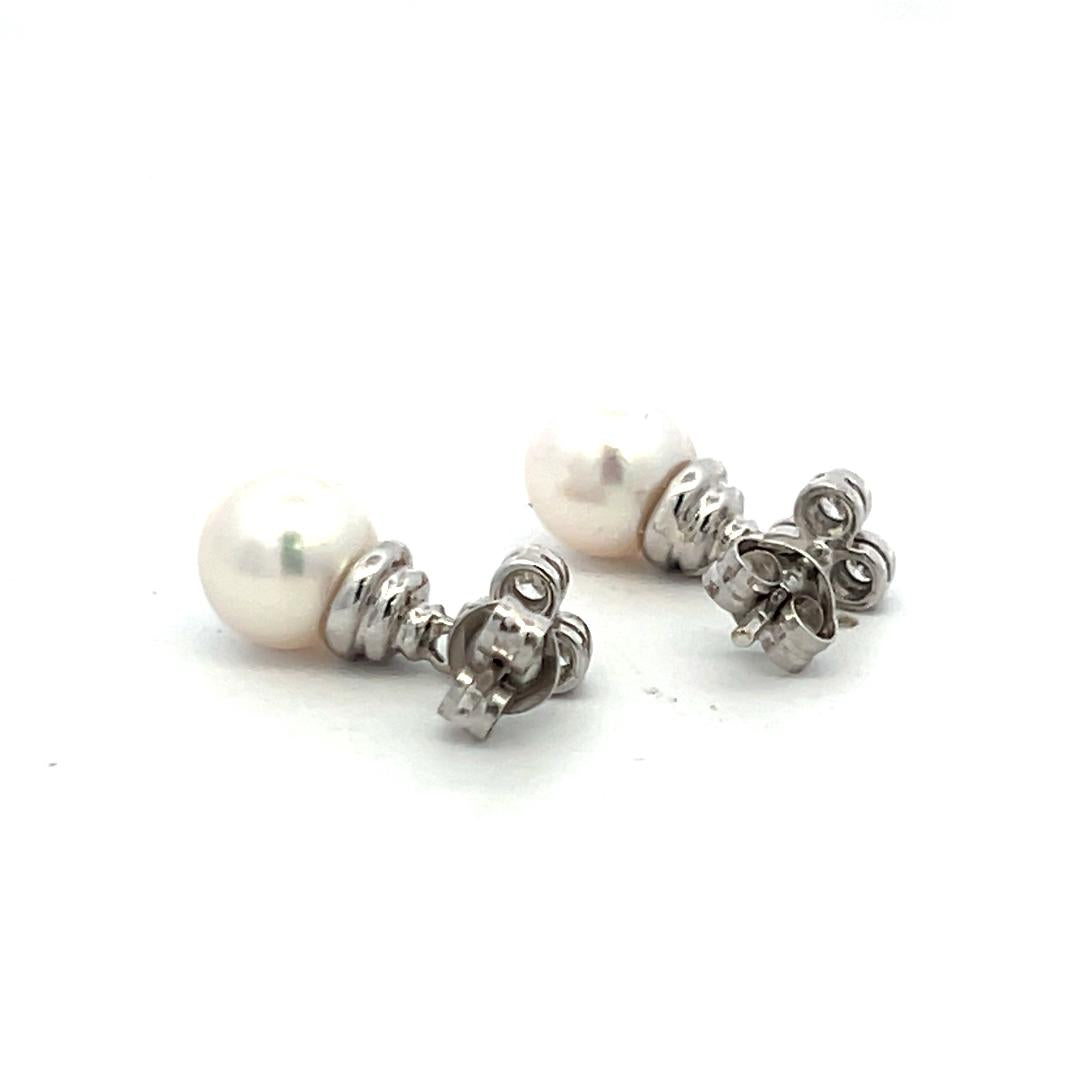 7.3 MM Pearl 0.16 Carat Round Diamond 14 Karat White Gold Drop Earrings