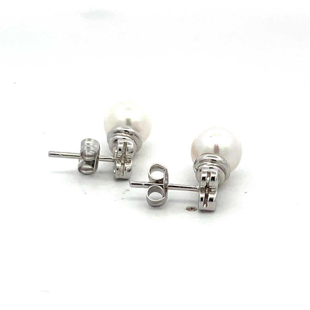 7.3 MM Pearl 0.16 Carat Round Diamond 14 Karat White Gold Drop Earrings