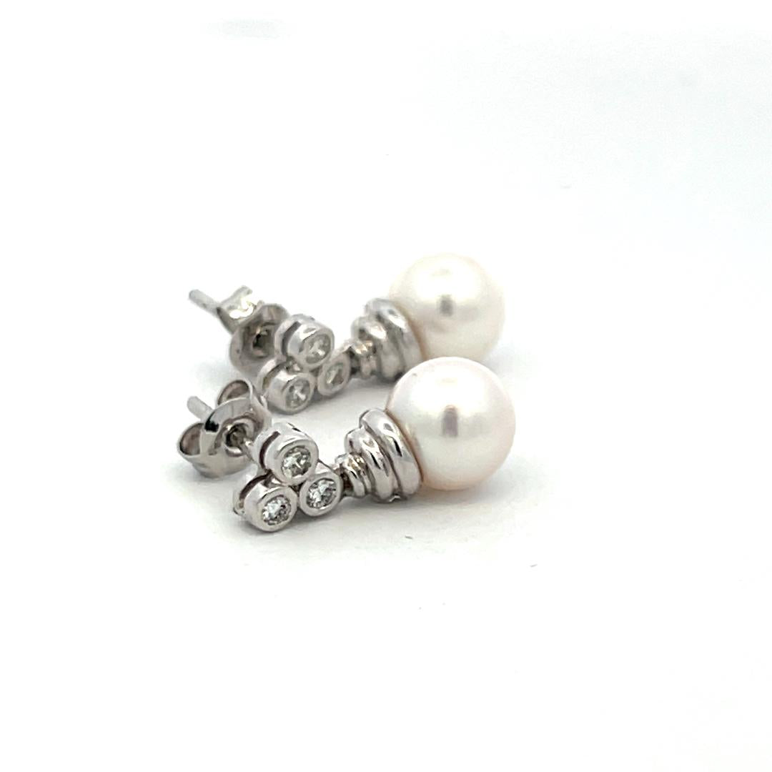 7.3 MM Pearl 0.16 Carat Round Diamond 14 Karat White Gold Drop Earrings