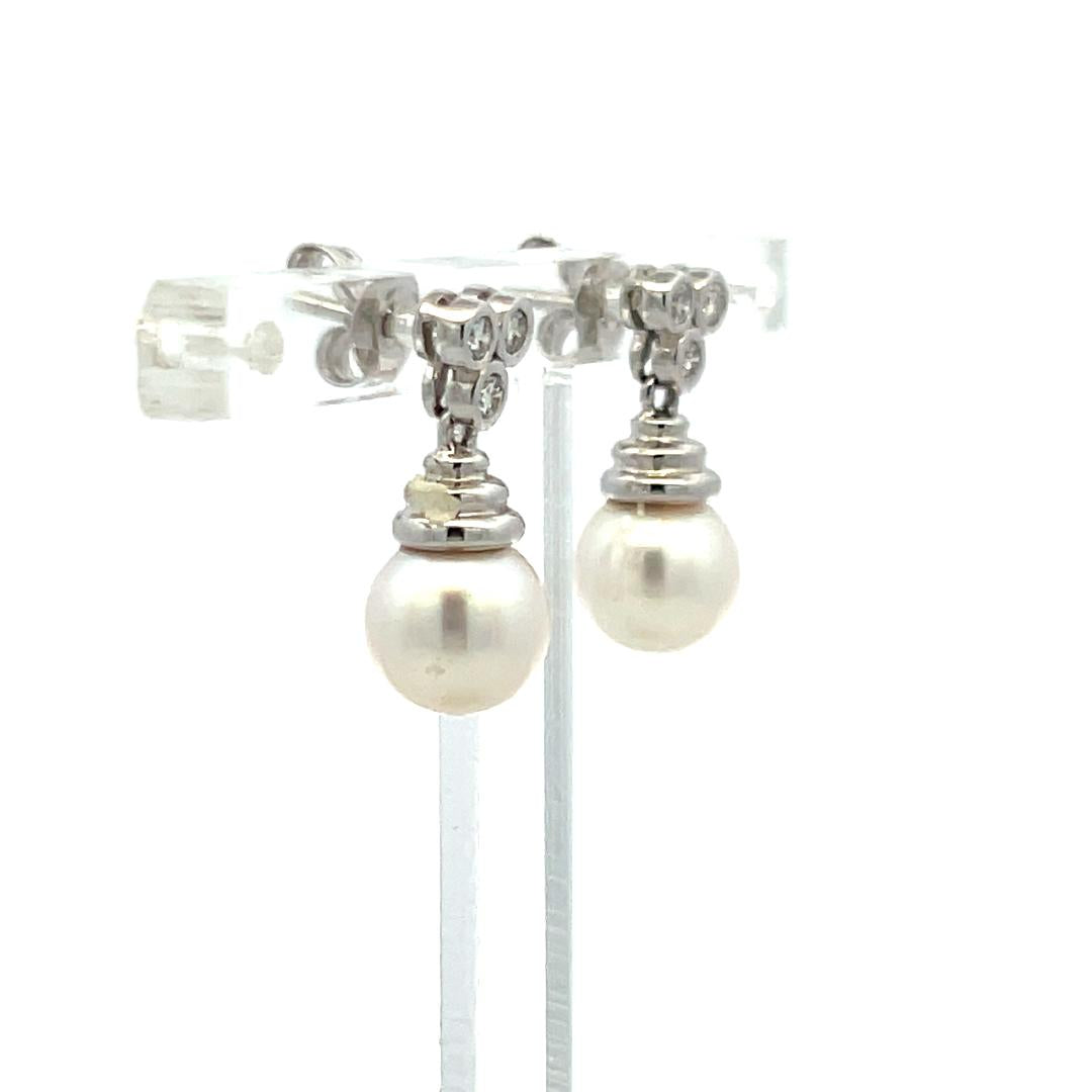 7.3 MM Pearl 0.16 Carat Round Diamond 14 Karat White Gold Drop Earrings
