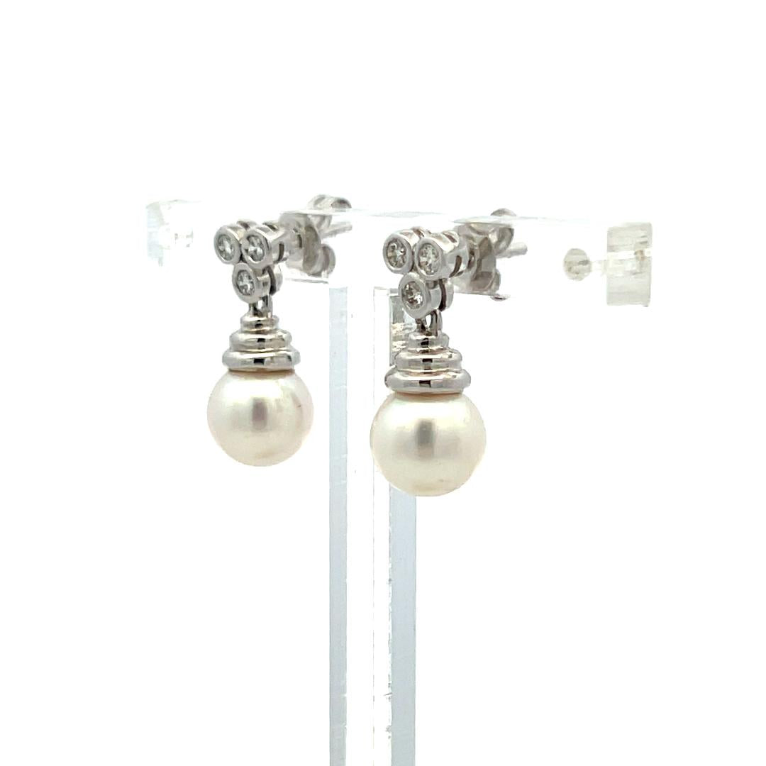 7.3 MM Pearl 0.16 Carat Round Diamond 14 Karat White Gold Drop Earrings
