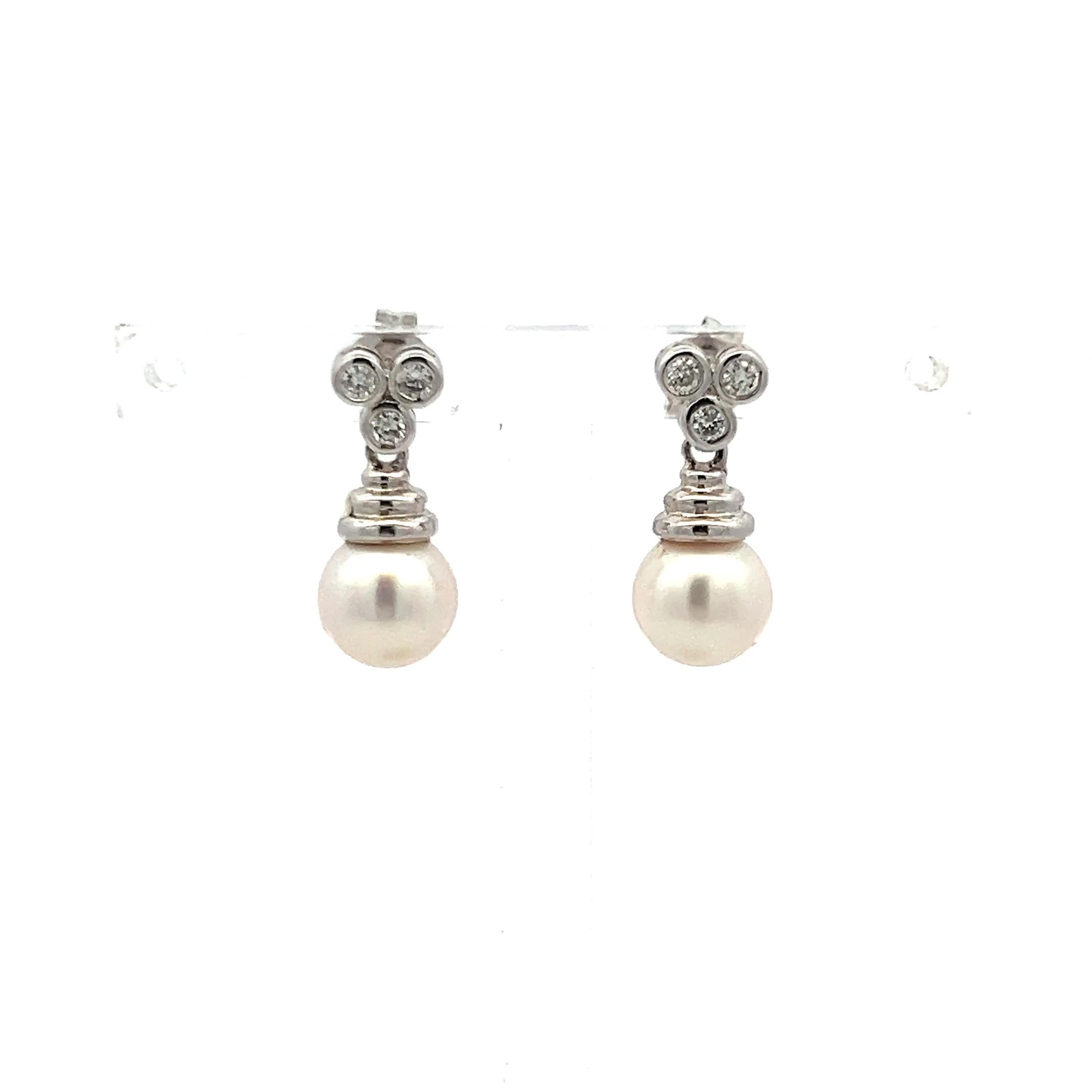 7.3 MM Pearl 0.16 Carat Round Diamond 14 Karat White Gold Drop Earrings