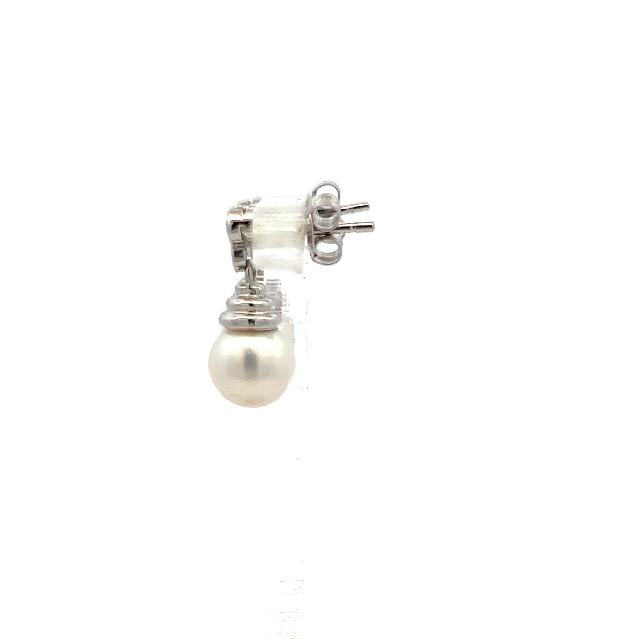7.3 MM Pearl 0.16 Carat Round Diamond 14 Karat White Gold Drop Earrings