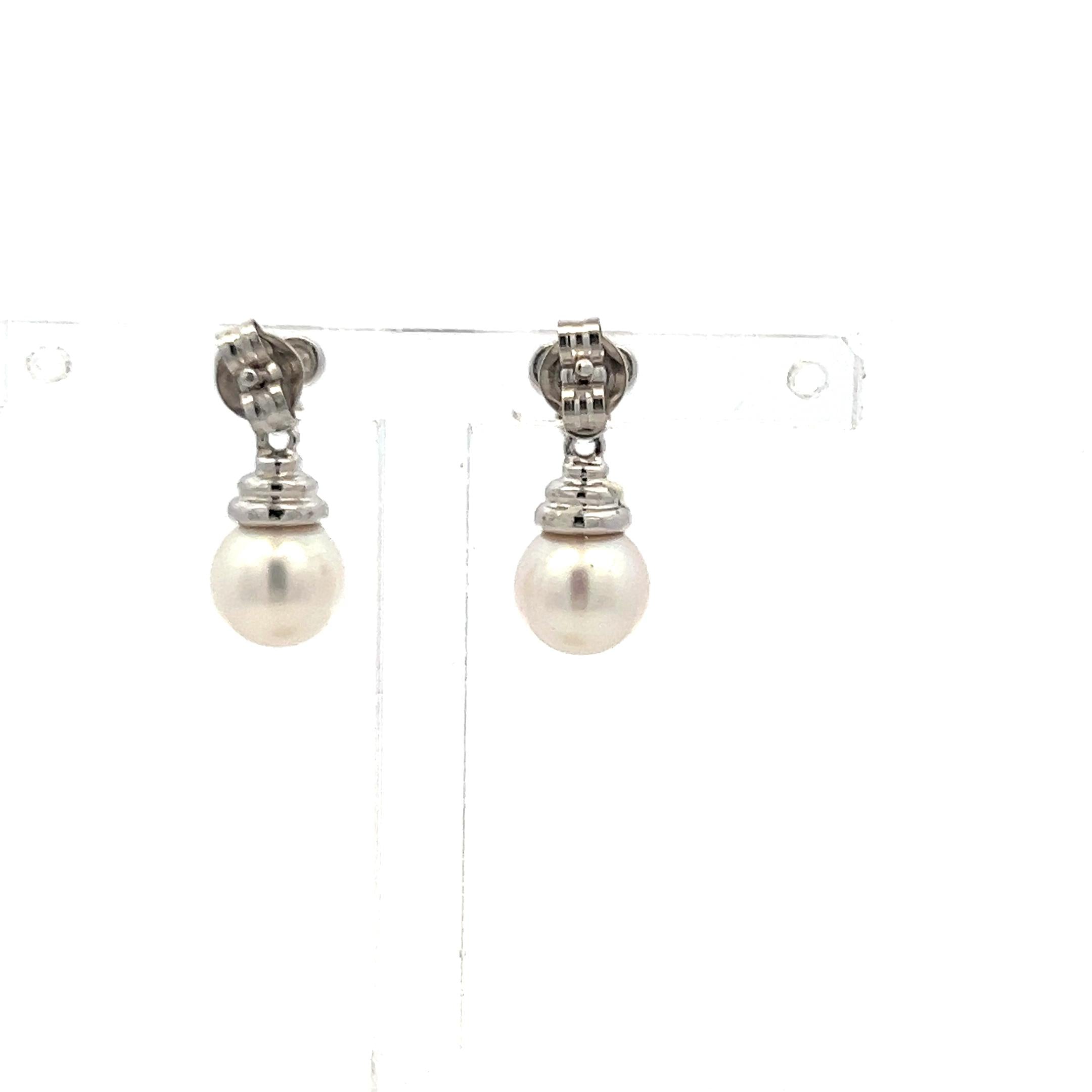 7.3 MM Pearl 0.16 Carat Round Diamond 14 Karat White Gold Drop Earrings