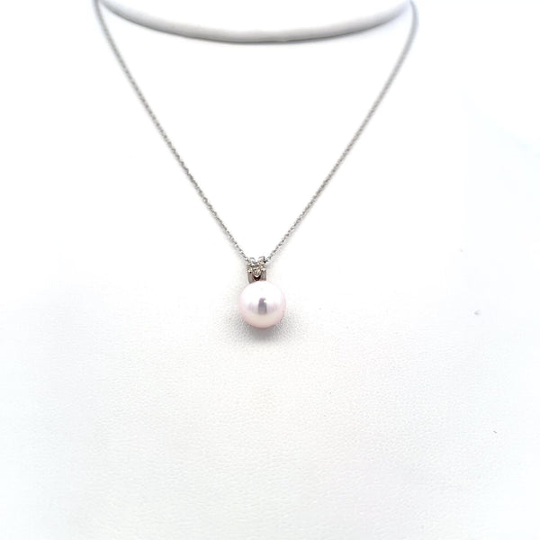 7.5MM Pearl 0.10 Carat Round Brilliant Diamond 14K White Gold Pendant Necklace