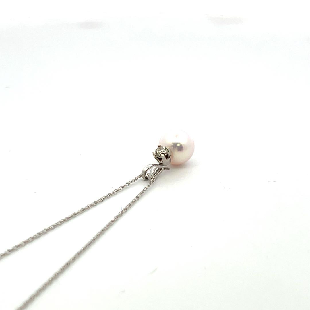 7.5MM Pearl 0.10 Carat Round Brilliant Diamond 14K White Gold Pendant Necklace