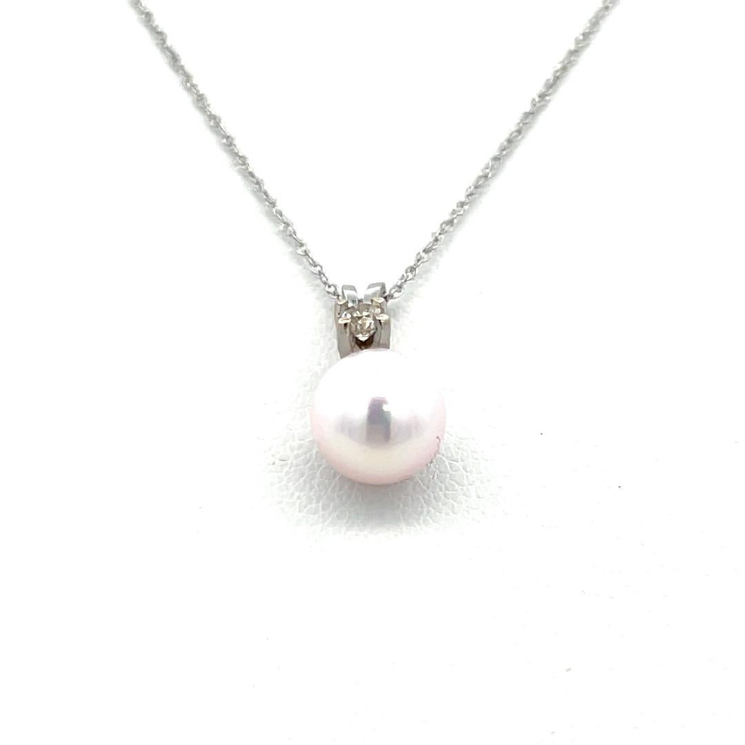 7.5MM Pearl 0.10 Carat Round Brilliant Diamond 14K White Gold Pendant Necklace