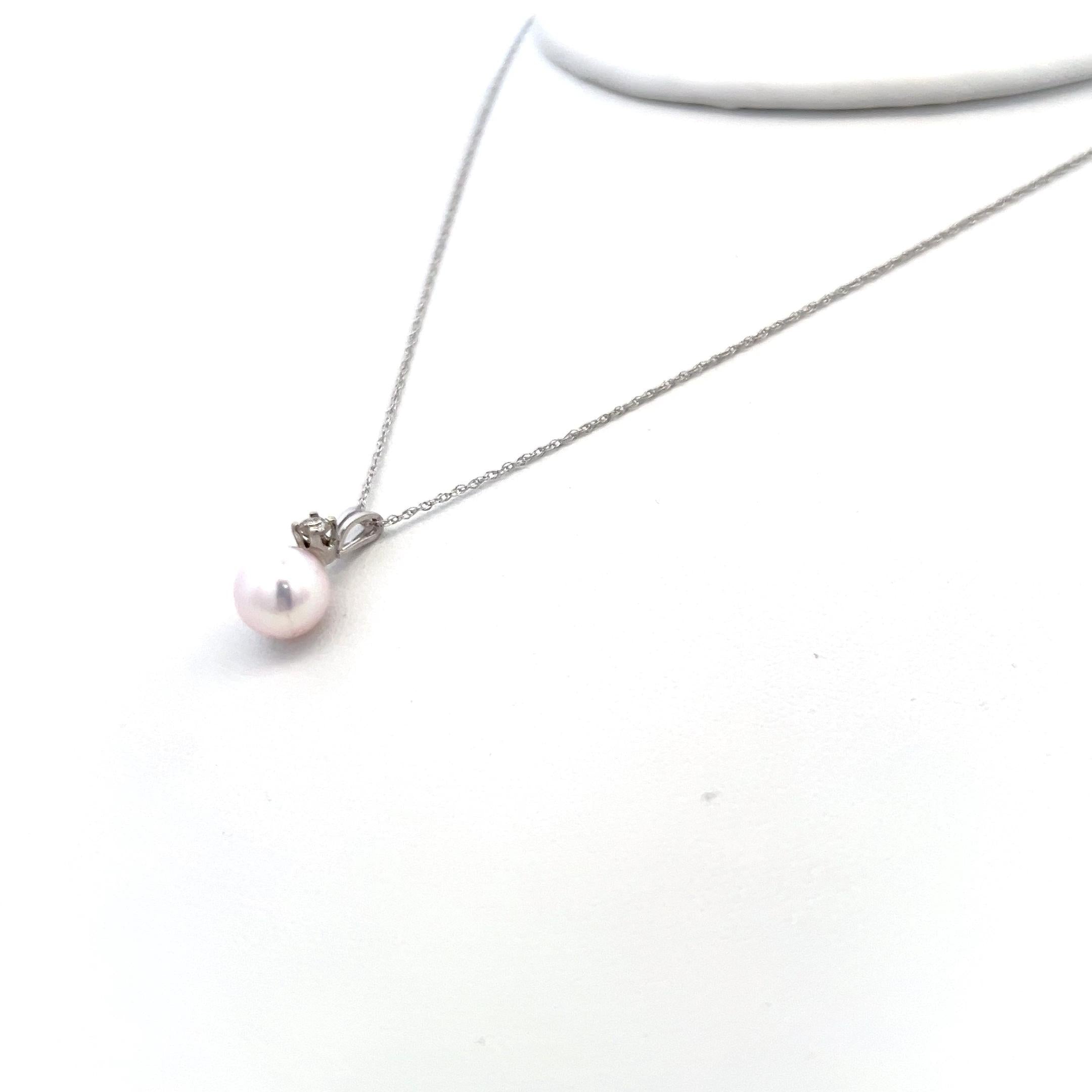 7.5MM Pearl 0.10 Carat Round Brilliant Diamond 14K White Gold Pendant Necklace