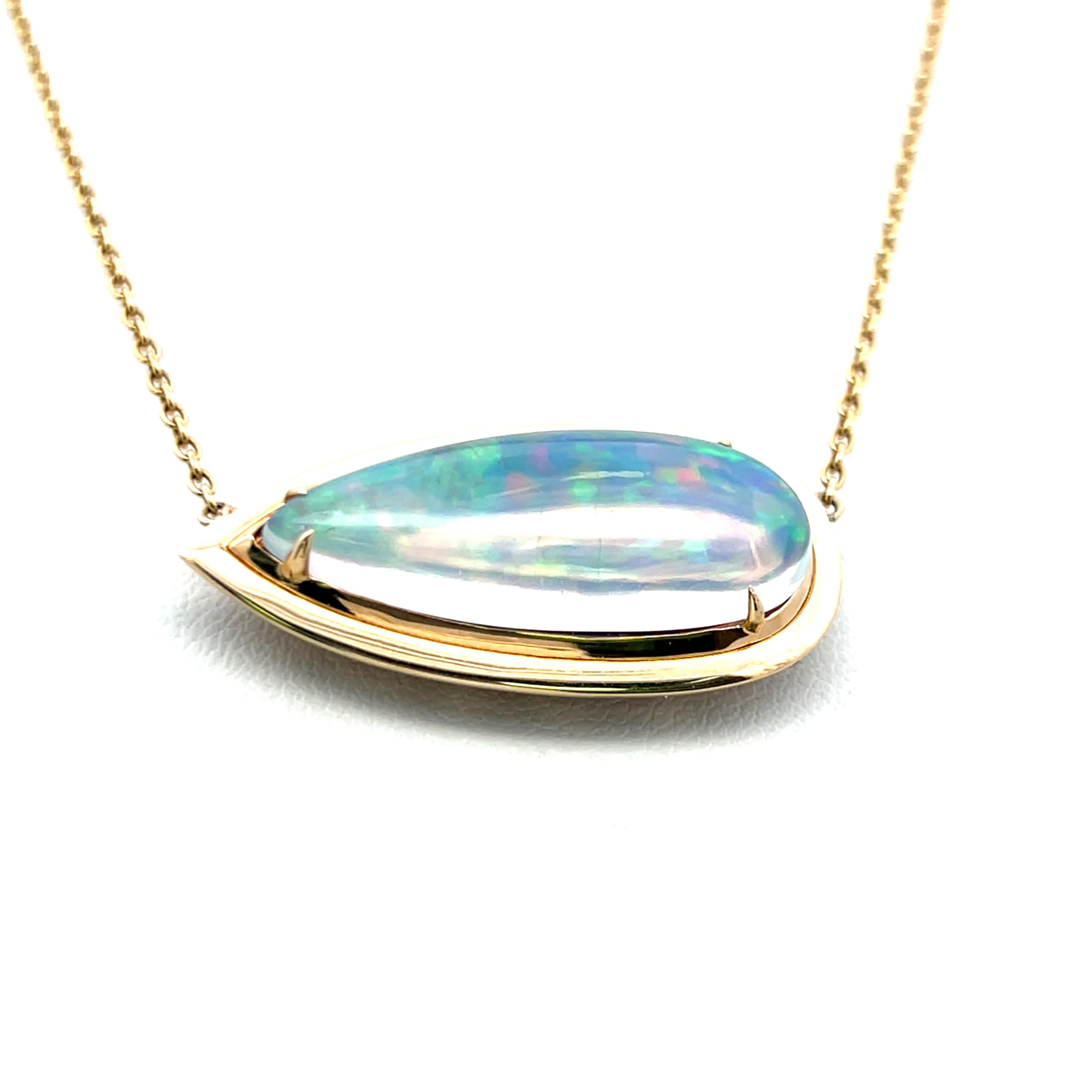 8.63 Carat Pear Shape Opal 14 Karat Yellow Gold Pendant Necklace