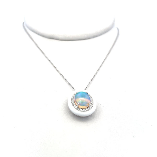 1.98 Carat Opal 0.23 Carat Round Brilliant Diamond 14K WG Pendant Necklace