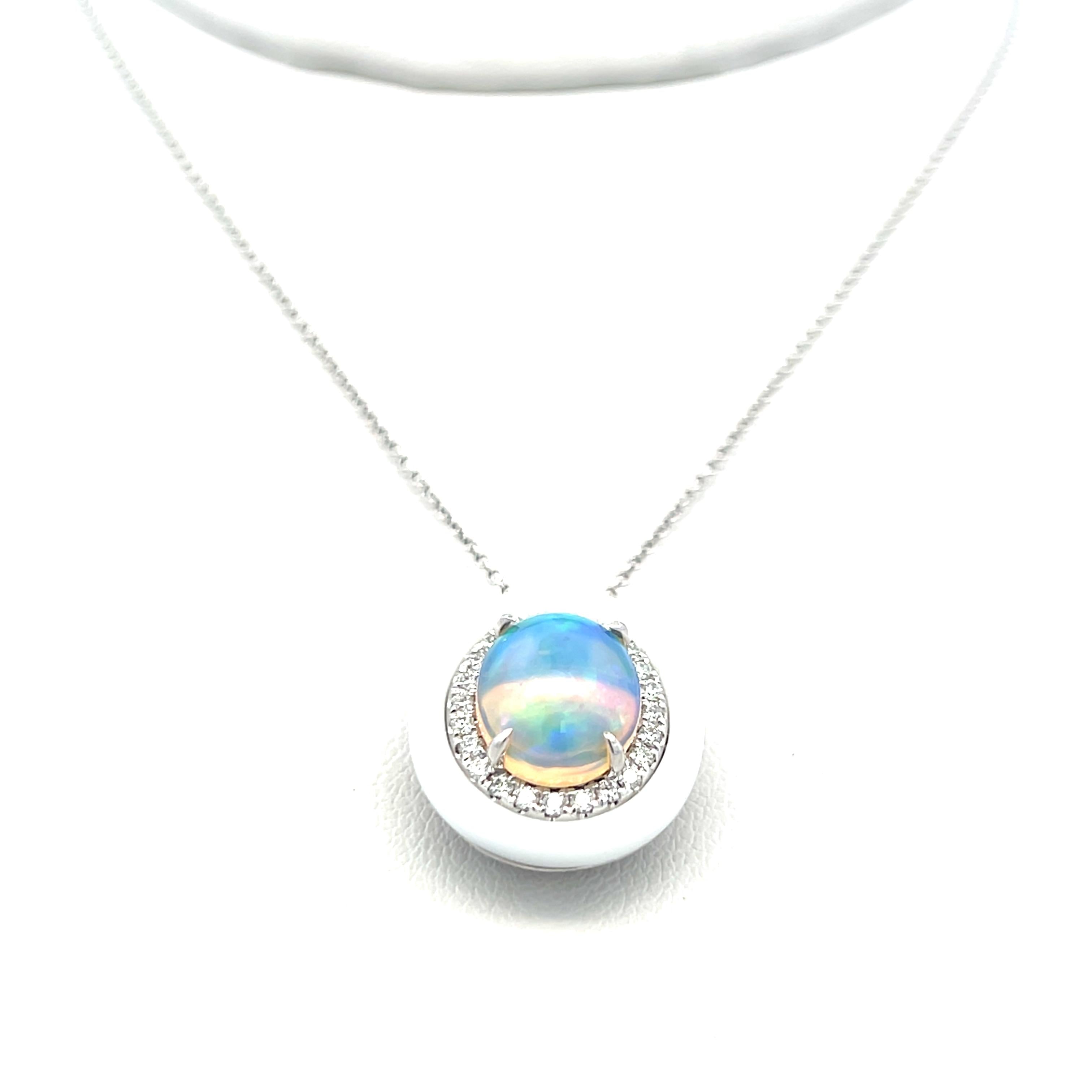 1.98 Carat Opal 0.23 Carat Round Brilliant Diamond 14K WG Pendant Necklace