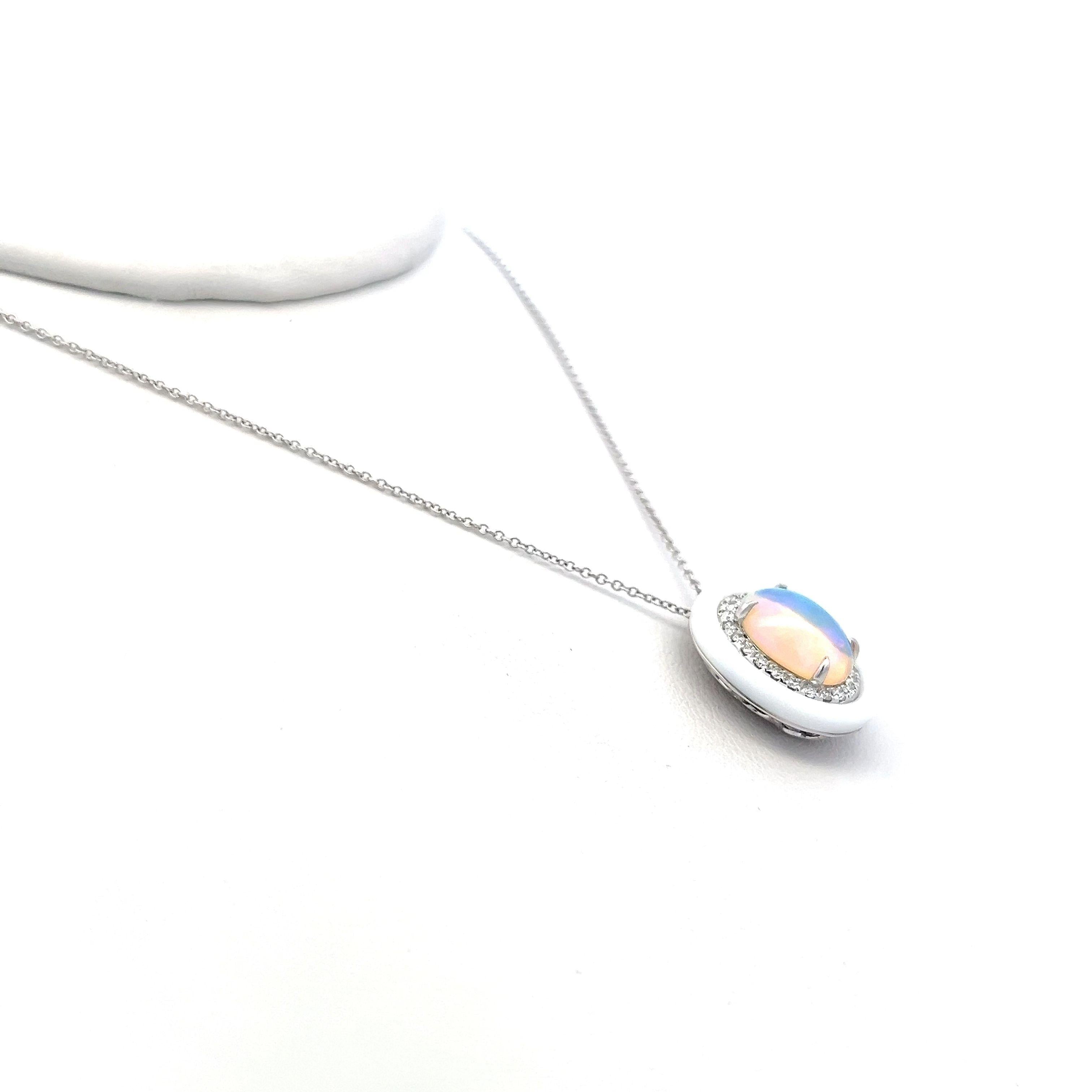 1.98 Carat Opal 0.23 Carat Round Brilliant Diamond 14K WG Pendant Necklace