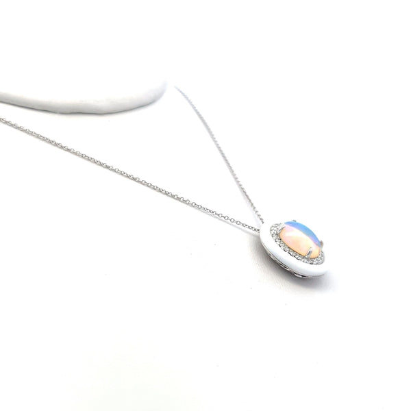 1.98 Carat Opal 0.23 Carat Round Brilliant Diamond 14K WG Pendant Necklace