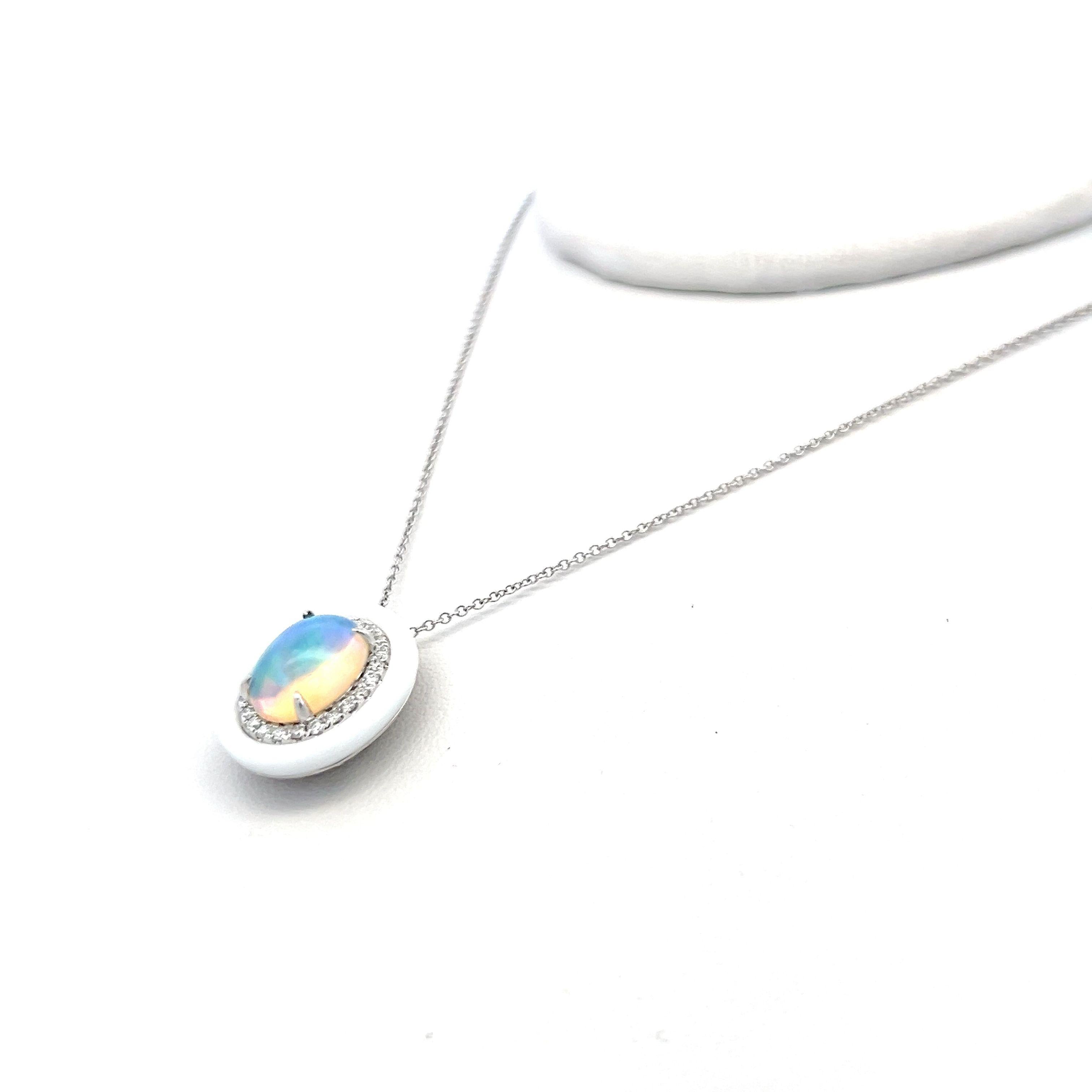 1.98 Carat Opal 0.23 Carat Round Brilliant Diamond 14K WG Pendant Necklace
