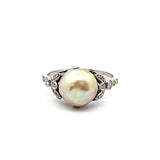 0.12 Carat Old European Cut Diamond 8.75mm Pearl Platinum Art Deco Ring