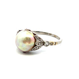 0.12 Carat Old European Cut Diamond 8.75mm Pearl Platinum Art Deco Ring