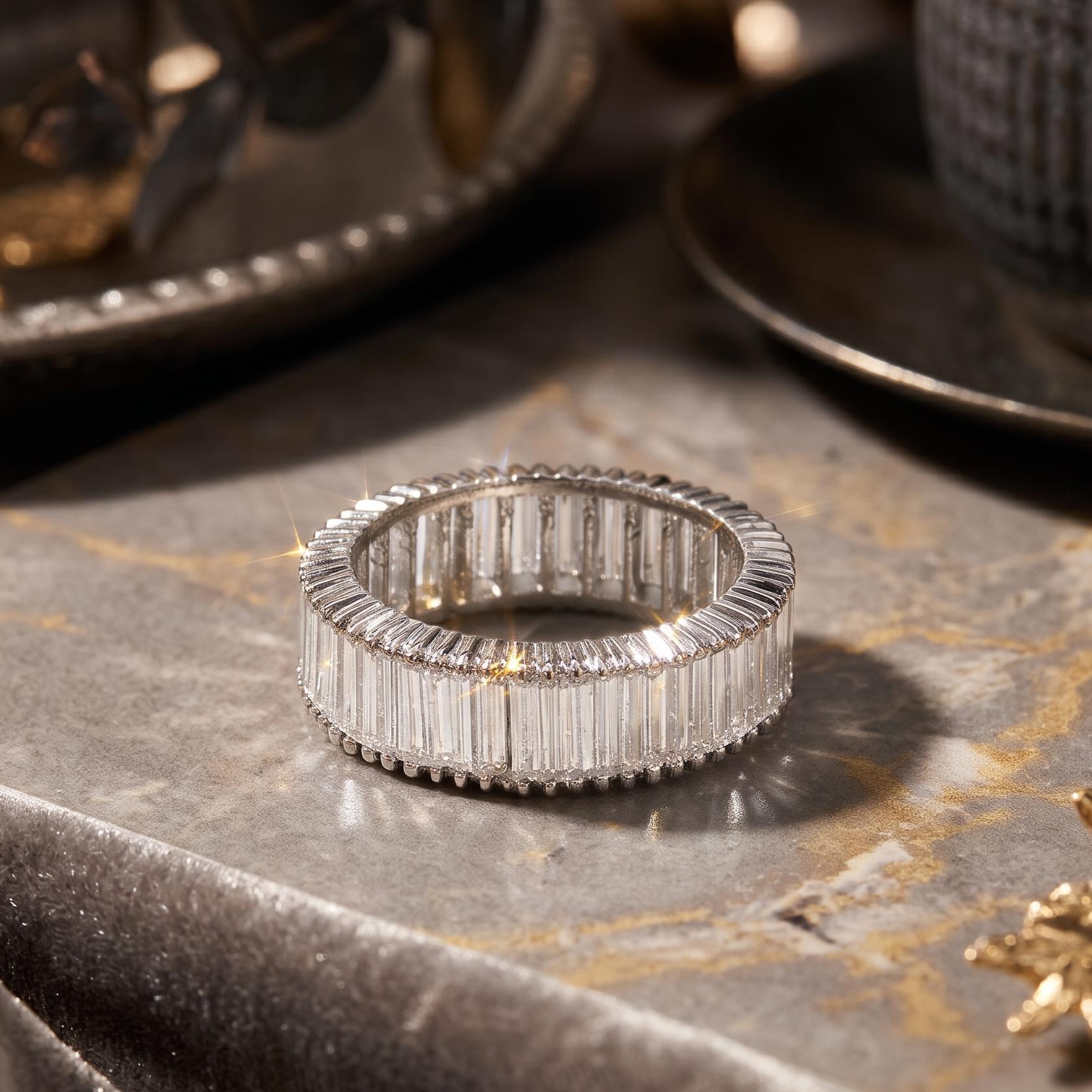 White Platinum Eternity Band Ring with 5 Carat Baguette Diamonds Size 6.25