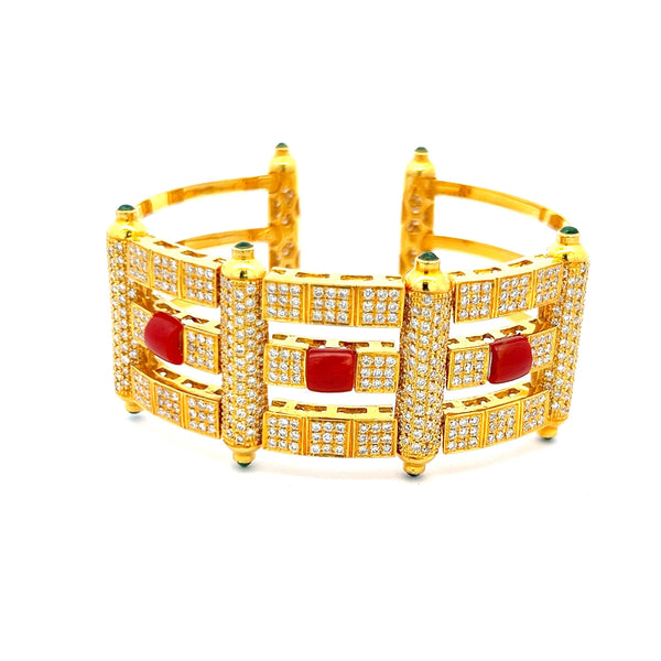 3.50 Carat Round Diamond 1.00 Carat Emerald and 5.2mm Coral 18K YG Cuff Bracelet