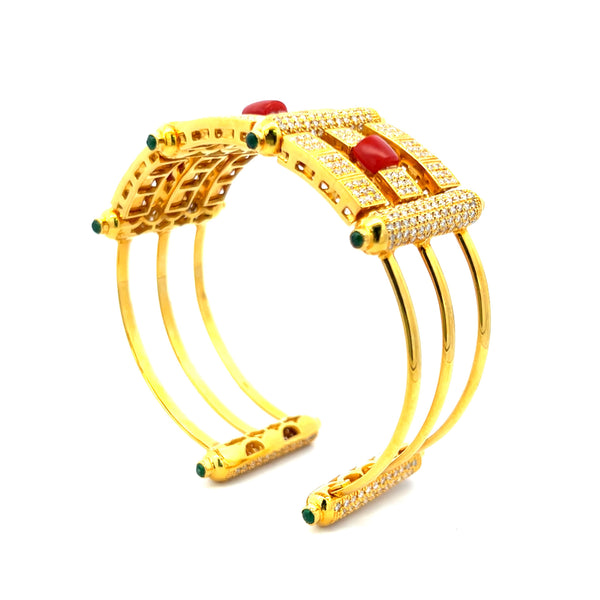 3.50 Carat Round Diamond 1.00 Carat Emerald and 5.2mm Coral 18K YG Cuff Bracelet