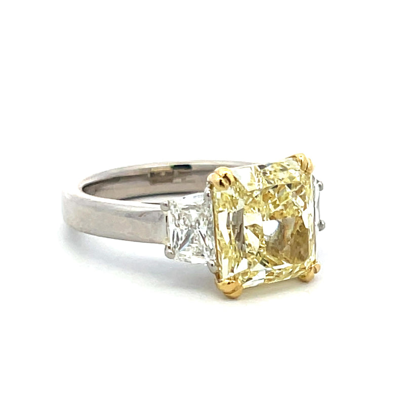 6.90 Carat Radiant Cut Fancy Yellow and Trapezoid Diamond 18K Engagement Ring