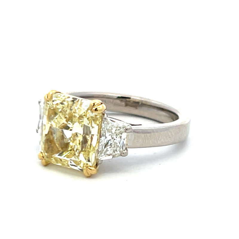 6.90 Carat Radiant Cut Fancy Yellow and Trapezoid Diamond 18K Engagement Ring