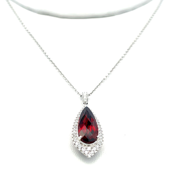 2.27 Carat Garnet 0.20 Carat Round Diamond 14K White Gold Pendant Necklace