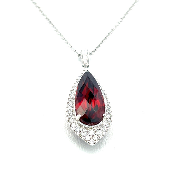 2.27 Carat Garnet 0.20 Carat Round Diamond 14K White Gold Pendant Necklace