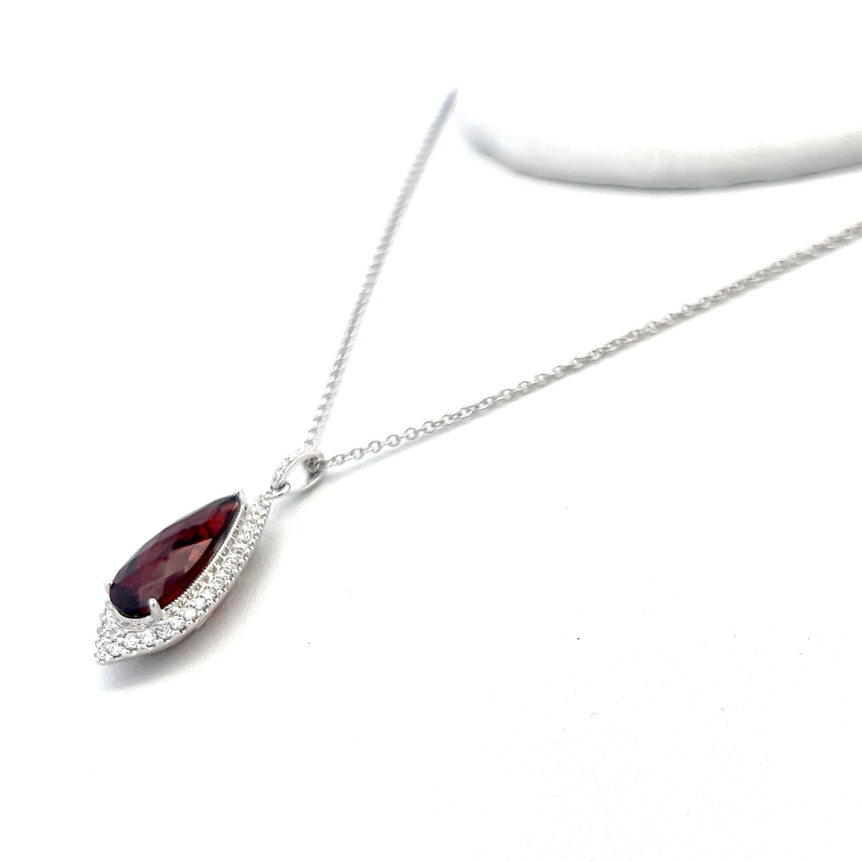 2.27 Carat Garnet 0.20 Carat Round Diamond 14K White Gold Pendant Necklace