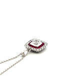 0.59 Carat Round Diamond 0.46 Carat Ruby 18K White Gold Pendant Necklace