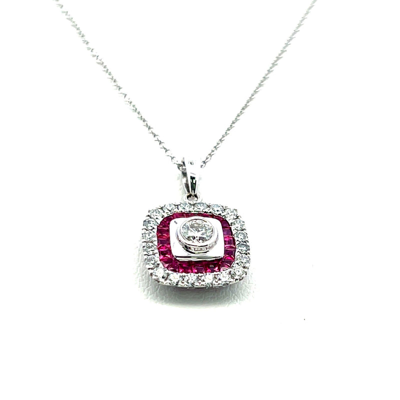 0.59 Carat Round Diamond 0.46 Carat Ruby 18K White Gold Pendant Necklace