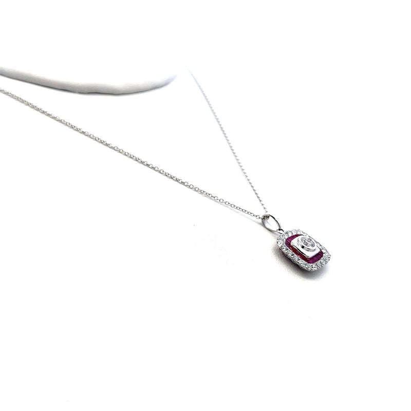 0.59 Carat Round Diamond 0.46 Carat Ruby 18K White Gold Pendant Necklace