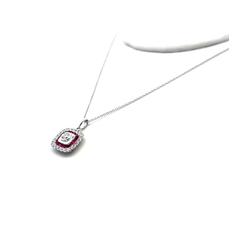 0.59 Carat Round Diamond 0.46 Carat Ruby 18K White Gold Pendant Necklace