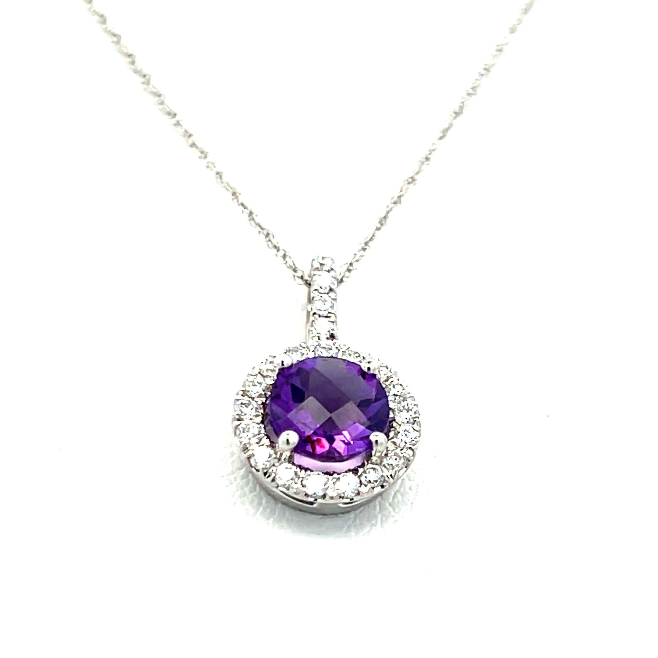 0.76 Carat Amethysts 0.17 Carat Round Diamond 14K White Gold Pendant Necklace