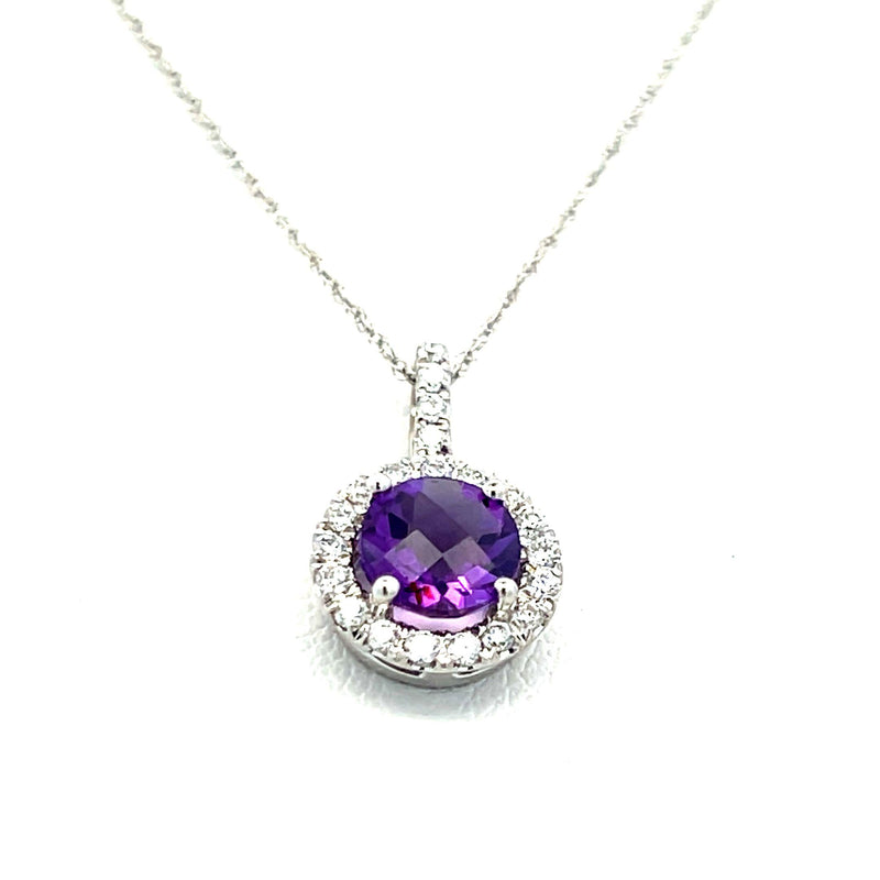 0.76 Carat Amethysts 0.17 Carat Round Diamond 14K White Gold Pendant Necklace