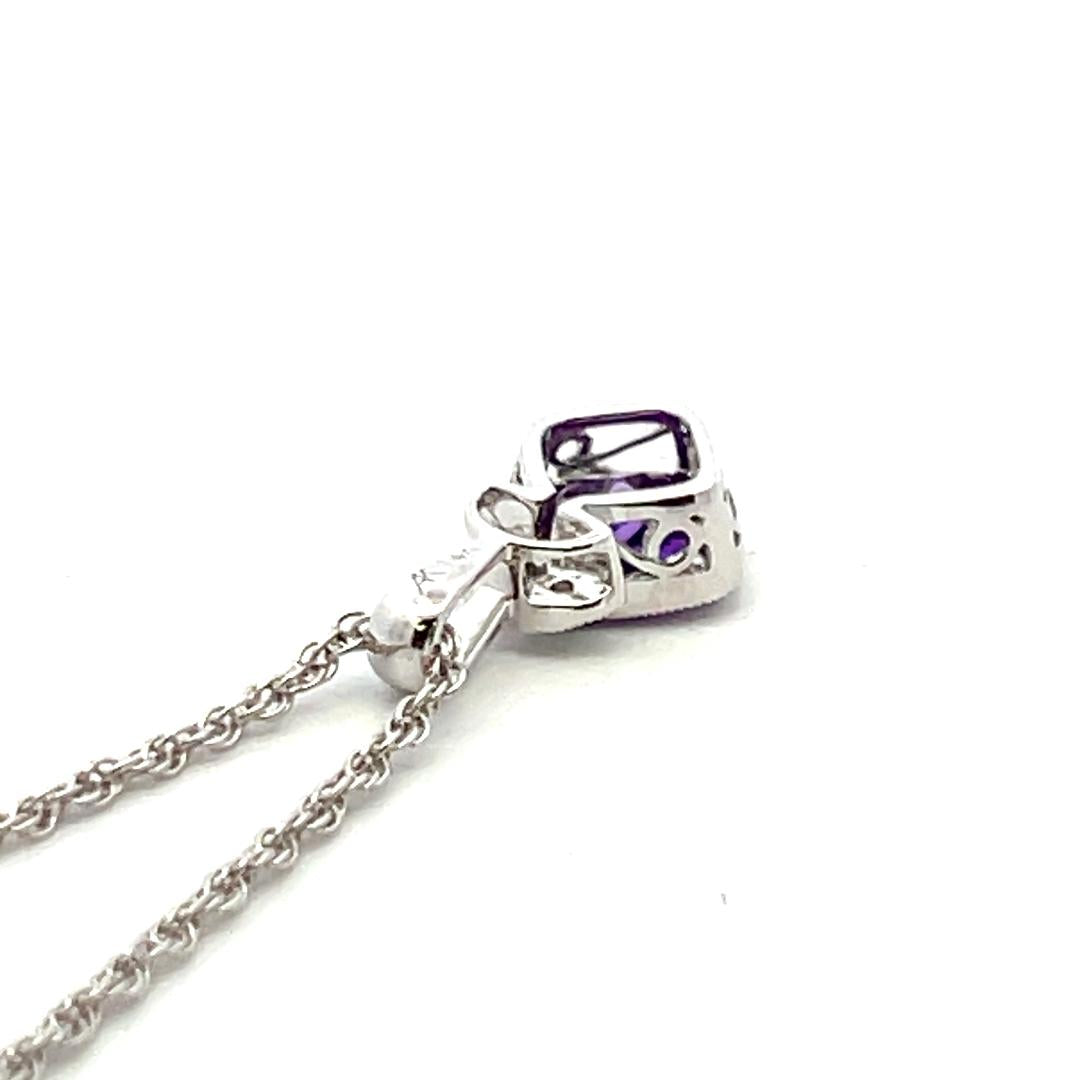 14K White Gold Pendant Necklace with 0.01ct Round Diamonds and 0.8ct Amethyst